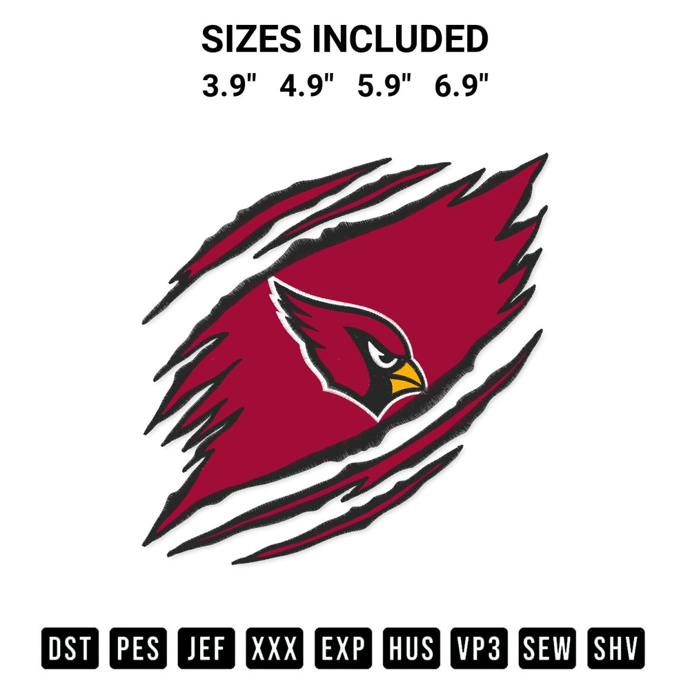 Shop the Arizona Cardinals Claw Embroidery Design machine embroidery pattern at Designspacks.com. Beautifully digitized for flawless stitching on any fabric. Available sizes: 3.9", 4.9", 5.9", 6.9".