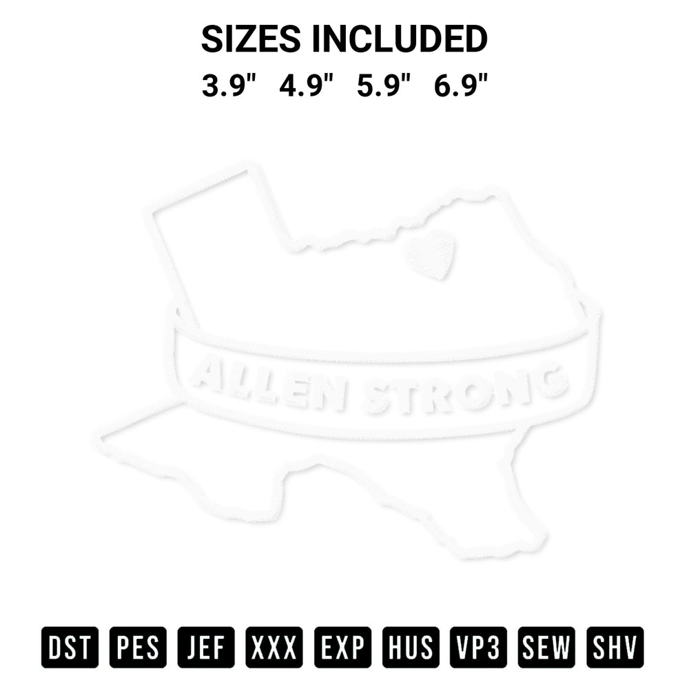 Create amazing crafts with the Texas Allen Strong Embroidery Design embroidery file. High-quality digital download from Designspacks.com, perfect for beginners and pros. Available sizes: 3.9", 4.9", 5.9", 6.9".