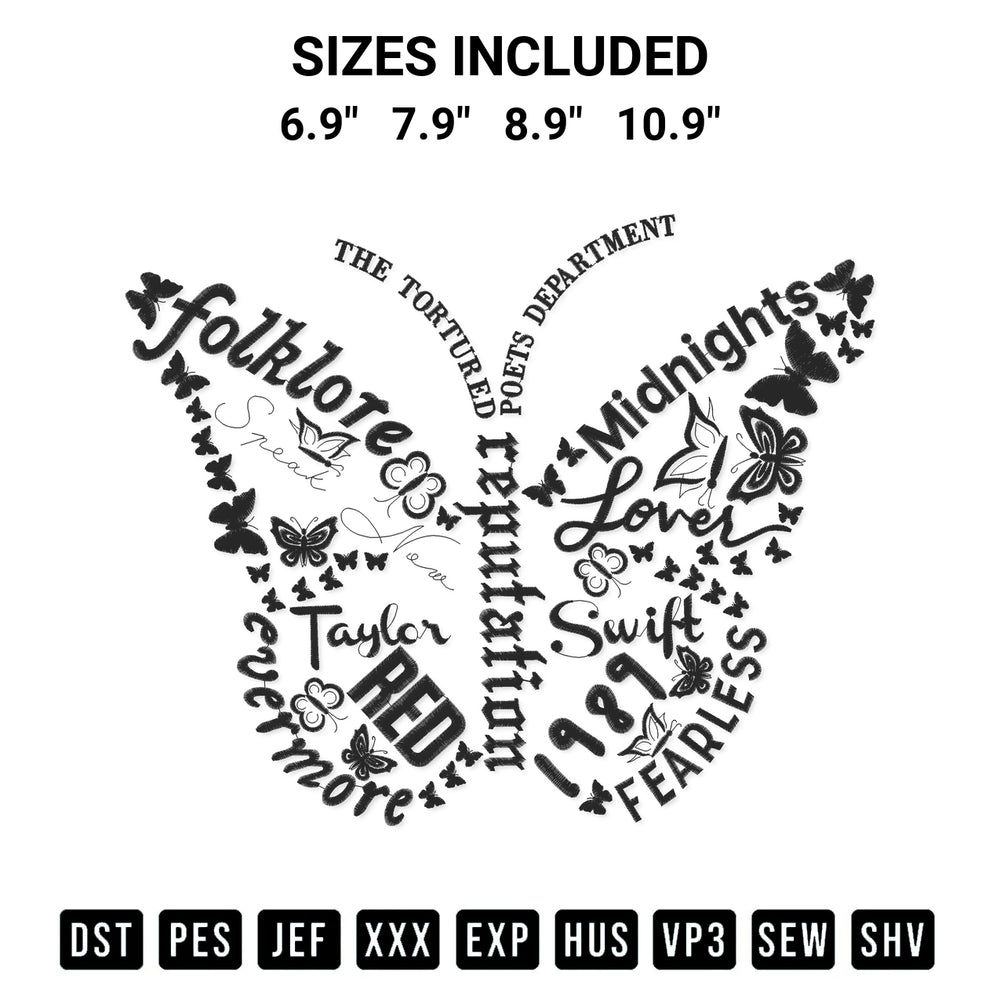 Download the Taylor Swift Album Butterfly Embroidery Design machine embroidery design exclusively at Designspacks.com. Premium digitized pattern for apparel and DIY crafts. Available sizes: 6.9", 7.9", 8.9", 10.9".