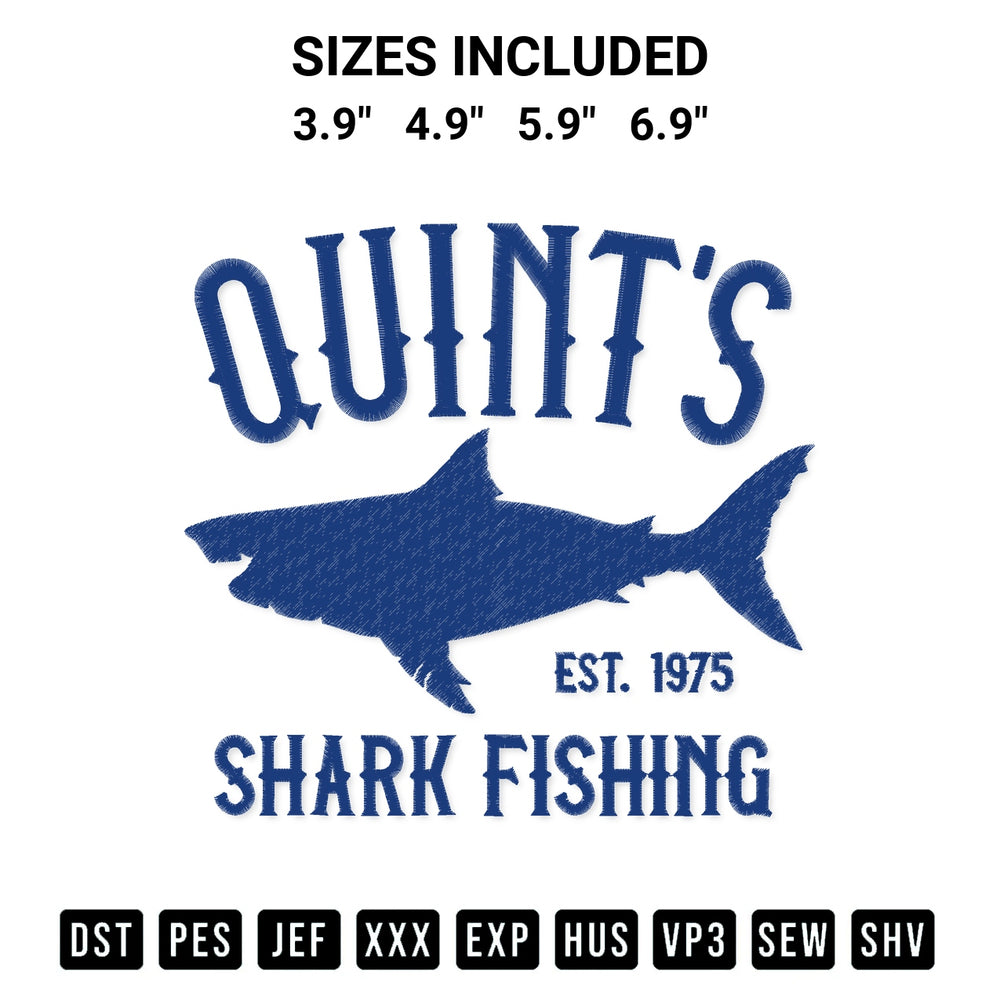 Get the Quints Shark Fishing 1975 Embroidery Design embroidery design for your custom crafts! Premium digitized files available for instant download at Designspacks.com. Available sizes: 3.9", 4.9", 5.9", 6.9".