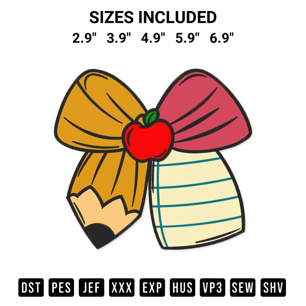 Discover the perfect addition to your crafting collection: Teacher Pencil Paper Bow Embroidery Design embroidery file. Instantly available at Designspacks.com. Available sizes: 2.9", 3.9", 4.9", 5.9", 6.9".