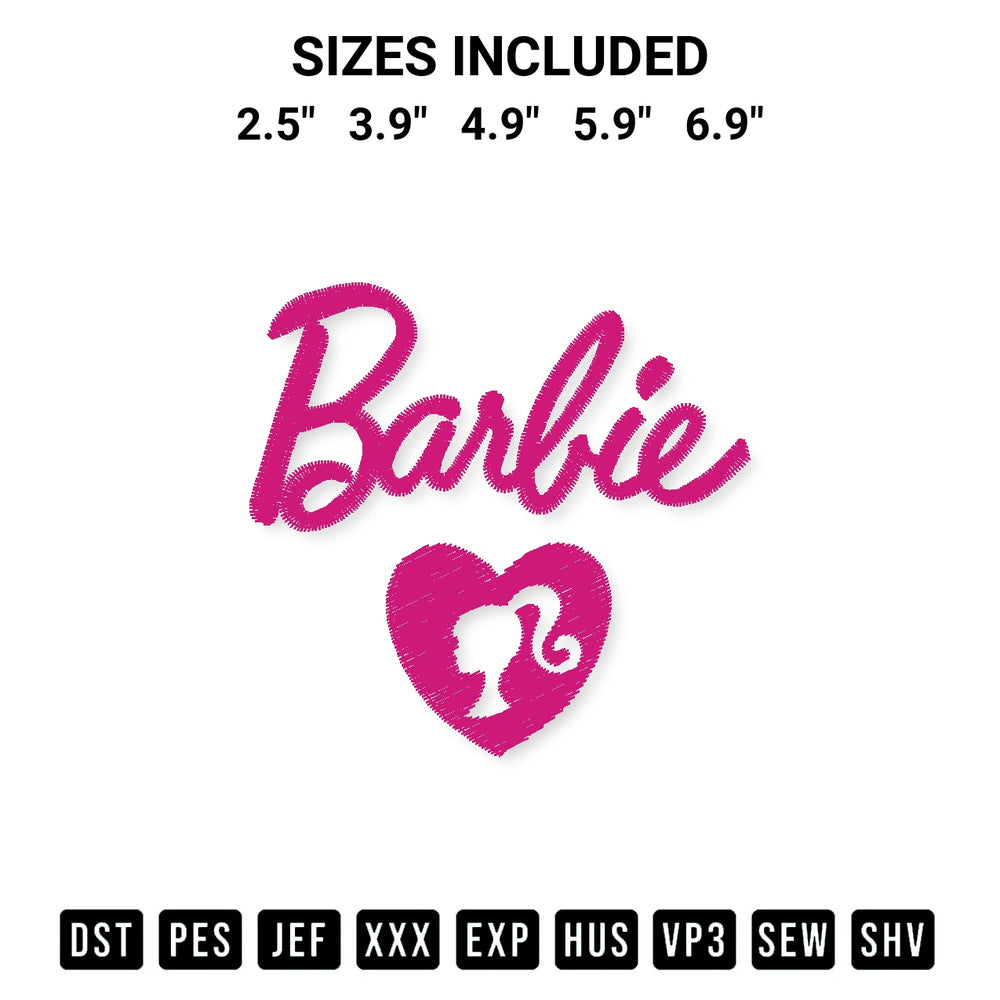 Add a unique touch to your apparel with the Heart Barbie Embroidery Design embroidery file. Premium instant download available now on Designspacks.com. Available sizes: 2.5", 3.9", 4.9", 5.9", 6.9".