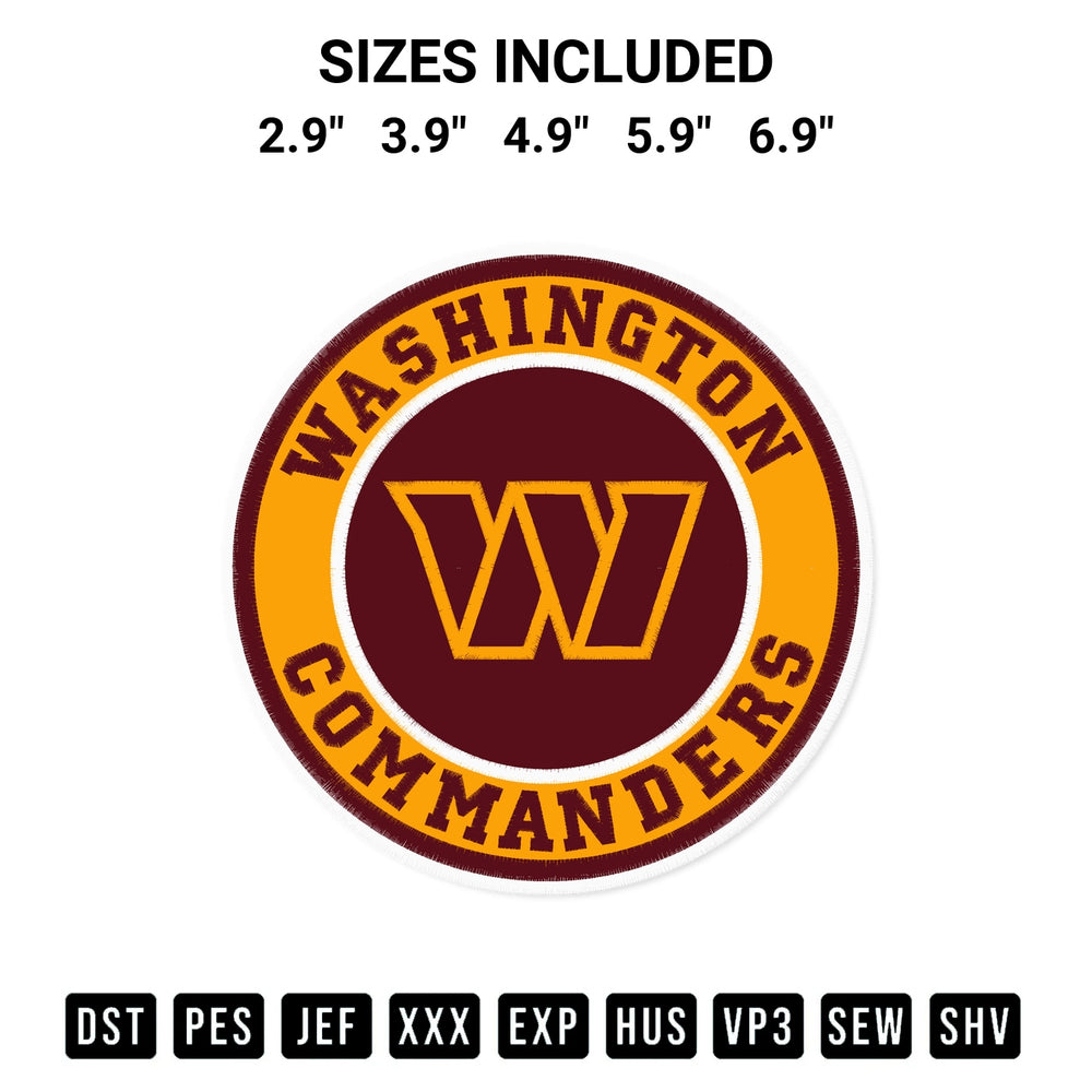 Download the Washington Commanders Circle Logo Embroidery Design machine embroidery design exclusively at Designspacks.com. Premium digitized pattern for apparel and DIY crafts. Available sizes: 2.9", 3.9", 4.9", 5.9", 6.9".