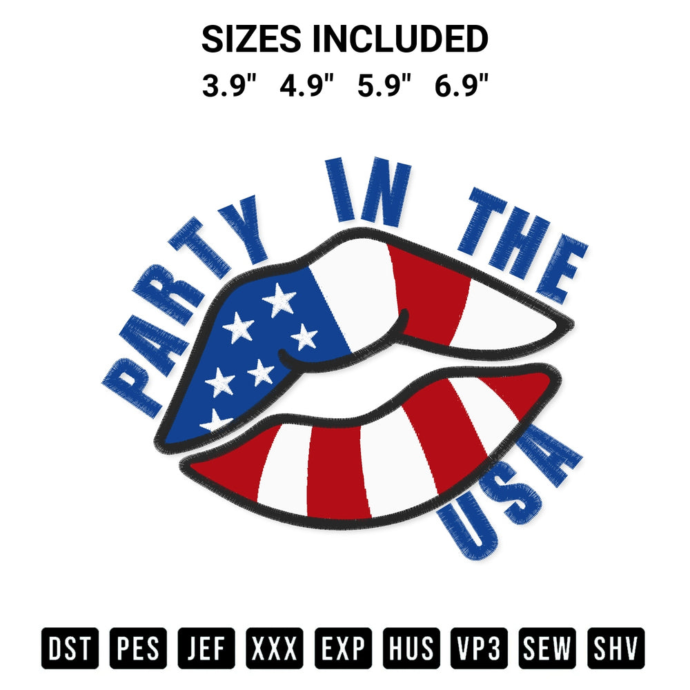 Elevate your next project with our Party In The Usa Lips Embroidery Design embroidery file. Shop high-quality digital patterns instantly at Designspacks.com. Available sizes: 3.9", 4.9", 5.9", 6.9".