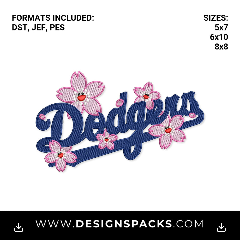 Dodgers Cherry Blossom Script Embroidery Design - Instant digital download pattern at Designspacks.com