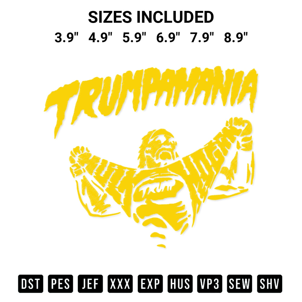 Shop the Trumpamania Hulk Hogan Embroidery Design machine embroidery pattern at Designspacks.com. Beautifully digitized for flawless stitching on any fabric. Available sizes: 3.9", 4.9", 5.9", 6.9", 7.9", 8.9".
