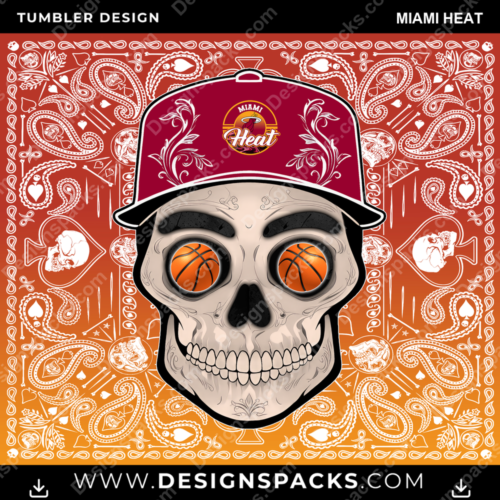 Basketball Skull Handkerchief Miami Heat NBA Basketball Tumbler Digital Wrap Design Download