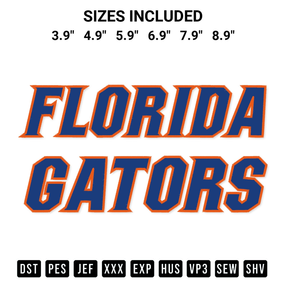 Discover the perfect addition to your crafting collection: Florida Gators Text Embroidery Design embroidery file. Instantly available at Designspacks.com. Available sizes: 3.9", 4.9", 5.9", 6.9", 7.9", 8.9".