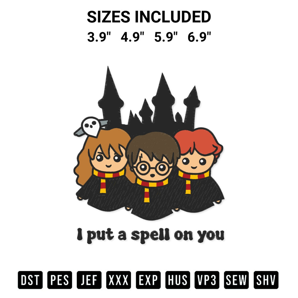 Download the Harry Potter I Put A Spell On You Embroidery Design machine embroidery design exclusively at Designspacks.com. Premium digitized pattern for apparel and DIY crafts. Available sizes: 3.9", 4.9", 5.9", 6.9".
