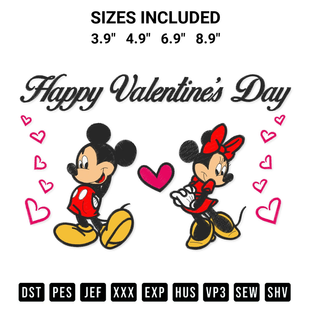 Stitch like a pro with the Valentine Mickey And Minnie Love Embroidery Design embroidery pattern from Designspacks.com. High-quality digital machine embroidery file. Available sizes: 3.9", 4.9", 6.9", 8.9".