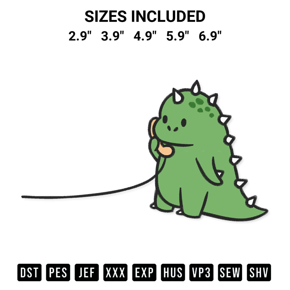 Shop the Green Dinosaur Phone Call Embroidery Design machine embroidery pattern at Designspacks.com. Beautifully digitized for flawless stitching on any fabric. Available sizes: 2.9", 3.9", 4.9", 5.9", 6.9".