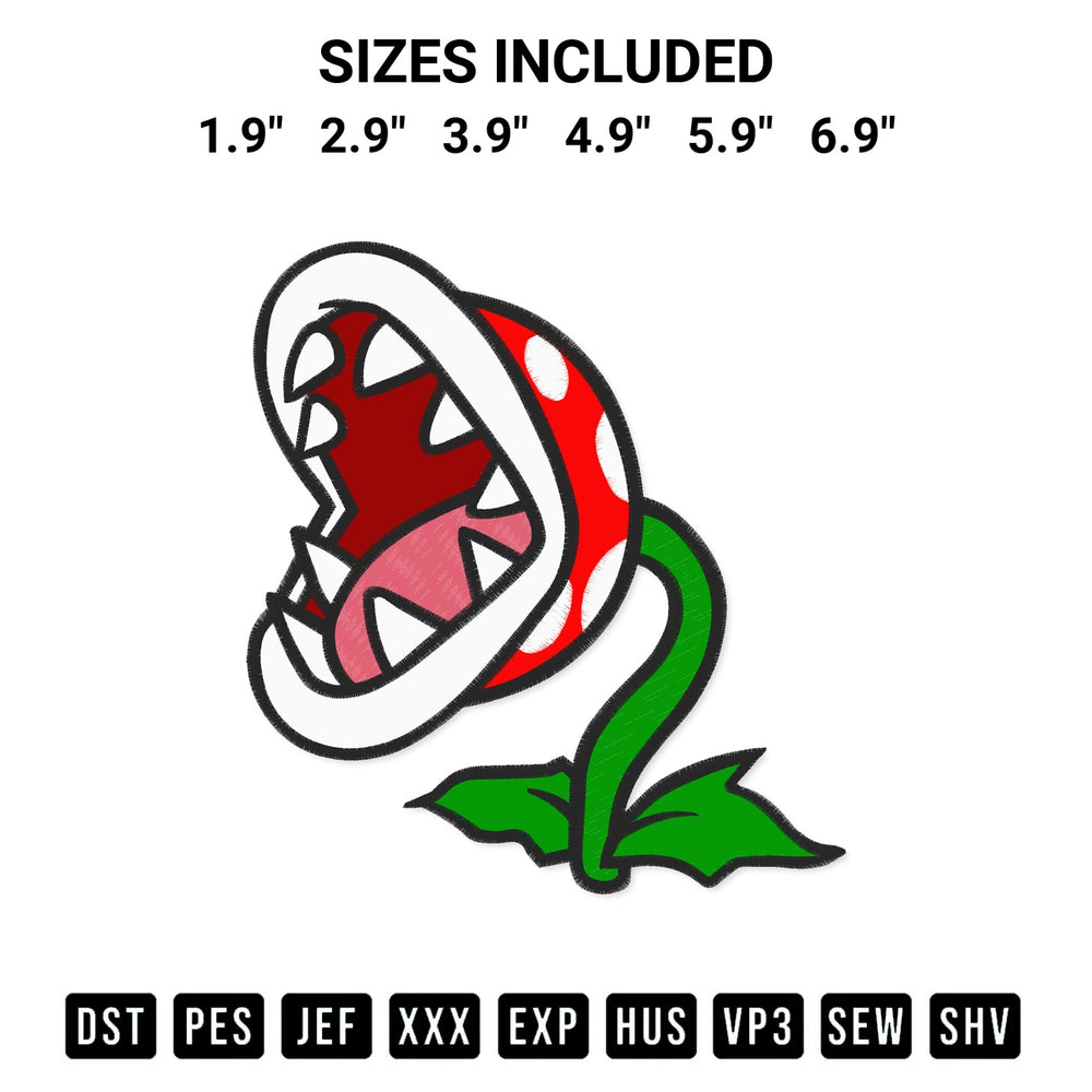 Get the Piranha Plant Mario Embroidery Design embroidery design for your custom crafts! Premium digitized files available for instant download at Designspacks.com. Available sizes: 1.9", 2.9", 3.9", 4.9", 5.9", 6.9".