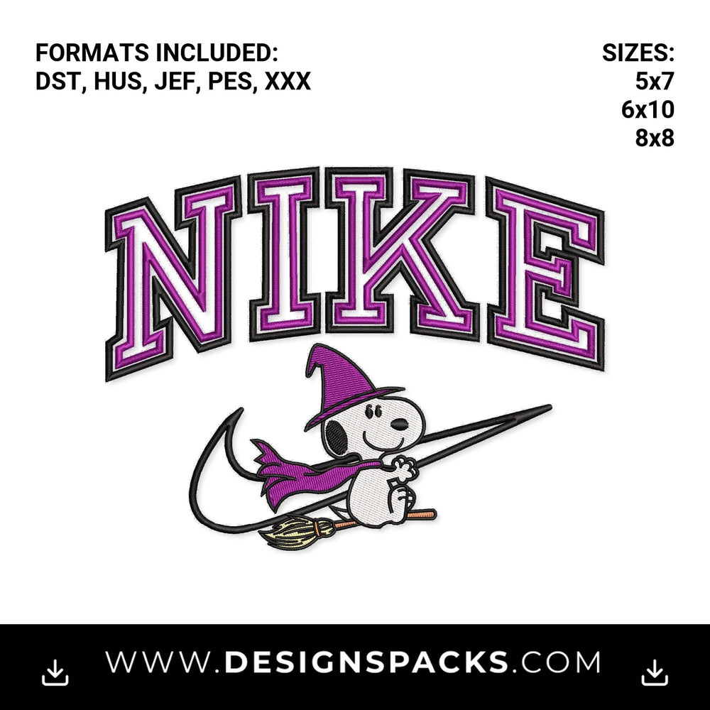 Halloween Witch Snoopy Nike Swoosh Embroidery Design - Instant digital download pattern at Designspacks.com