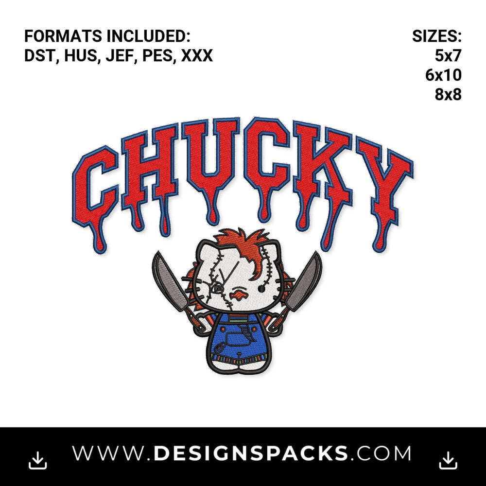 Chucky Horror Kitty with Knives Embroidery Design - Instant digital download pattern at Designspacks.com