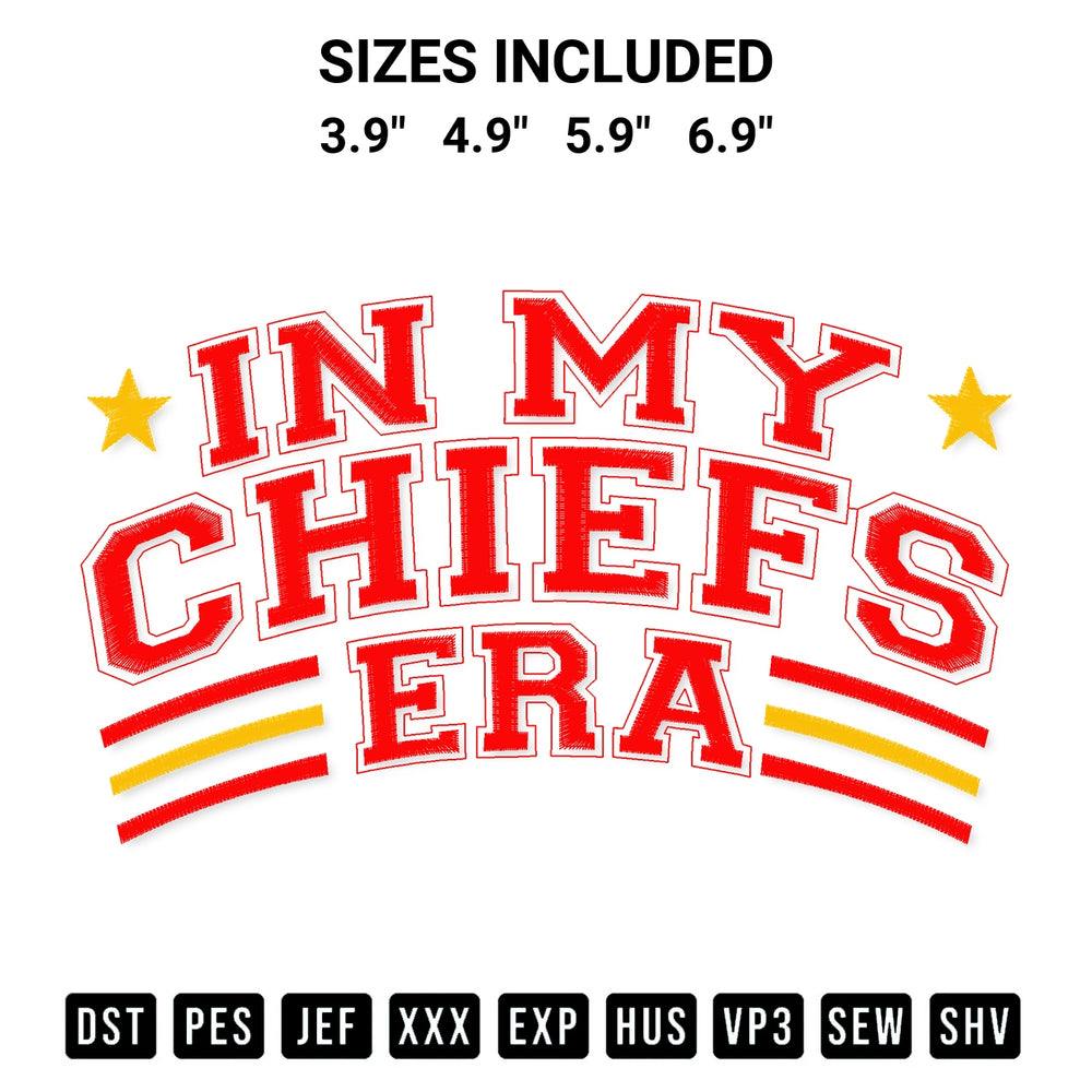 Stitch like a pro with the In My Chiefs Era Embroidery Design embroidery pattern from Designspacks.com. High-quality digital machine embroidery file. Available sizes: 3.9", 4.9", 5.9", 6.9".
