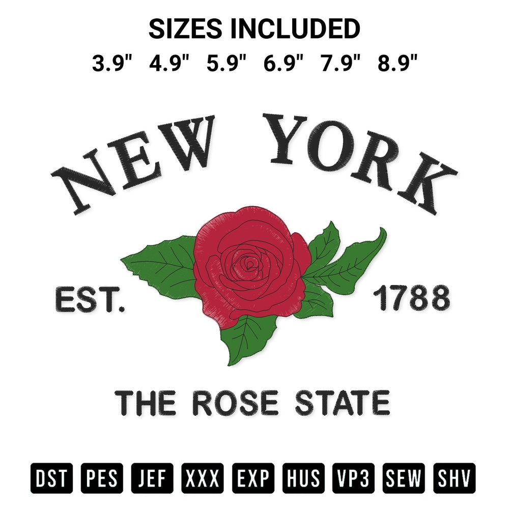 Download the New York Est 1788 The Rose State Embroidery Design machine embroidery design exclusively at Designspacks.com. Premium digitized pattern for apparel and DIY crafts. Available sizes: 3.9", 4.9", 5.9", 6.9", 7.9", 8.9".