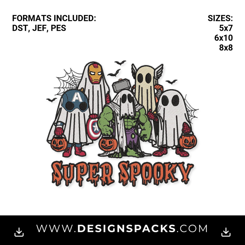 Super Spooky Halloween Superhero Ghosts Embroidery Design - Instant digital download pattern at Designspacks.com