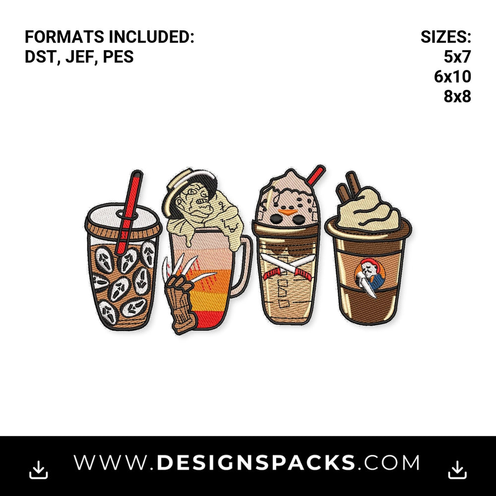 Horror Movie Characters Iced Coffee Embroidery Design - Instant digital download pattern at Designspacks.com