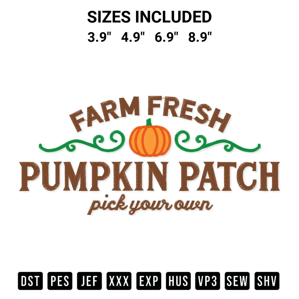 Shop the Farm Fresh Pumpkin Patch Embroidery Design machine embroidery pattern at Designspacks.com. Beautifully digitized for flawless stitching on any fabric. Available sizes: 3.9", 4.9", 6.9", 8.9".