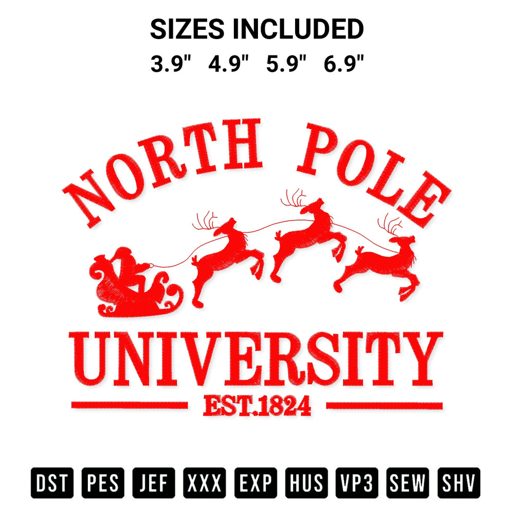 Transform your fabrics with the North Pole University Embroidery Design embroidery design. Instant access to premium digitized patterns at Designspacks.com. Available sizes: 3.9", 4.9", 5.9", 6.9".