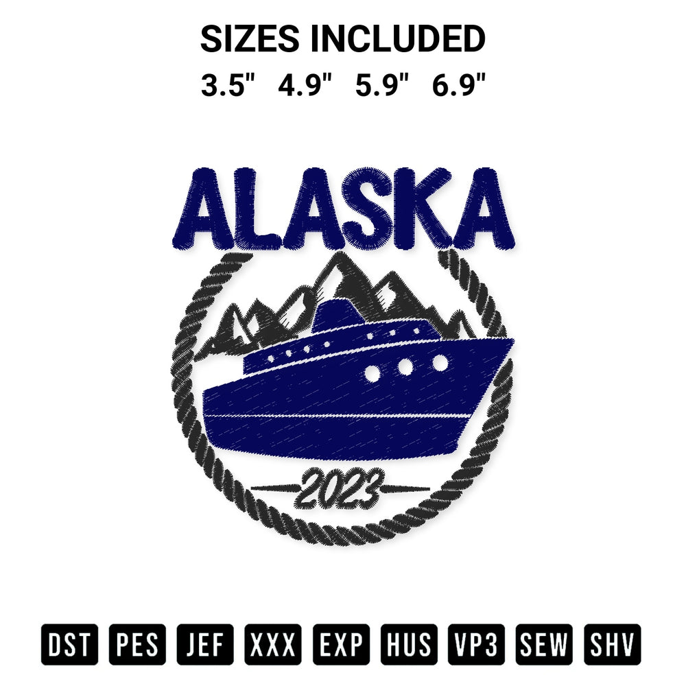 Add a unique touch to your apparel with the Alaska Cruise 2023 Embroidery Design embroidery file. Premium instant download available now on Designspacks.com. Available sizes: 3.5", 4.9", 5.9", 6.9".
