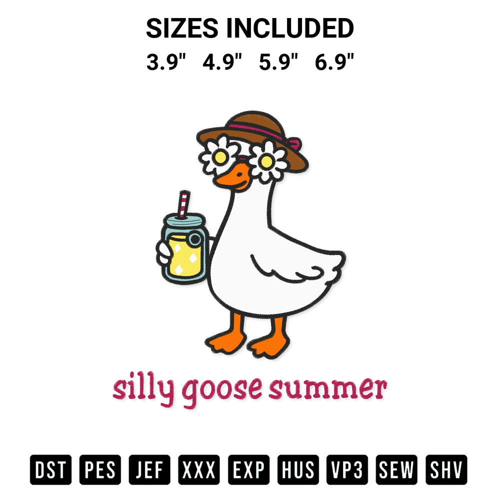 Add a unique touch to your apparel with the Silly Goose Summer Embroidery Design embroidery file. Premium instant download available now on Designspacks.com. Available sizes: 3.9", 4.9", 5.9", 6.9".