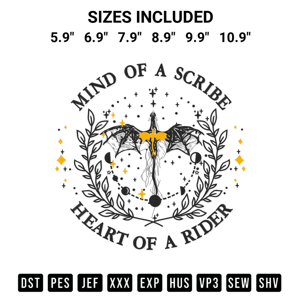 Discover the perfect addition to your crafting collection: Mind Of A Scribe Heart Of A Rider Embroidery Design embroidery file. Instantly available at Designspacks.com. Available sizes: 5.9", 6.9", 7.9", 8.9", 9.9", 10.9".
