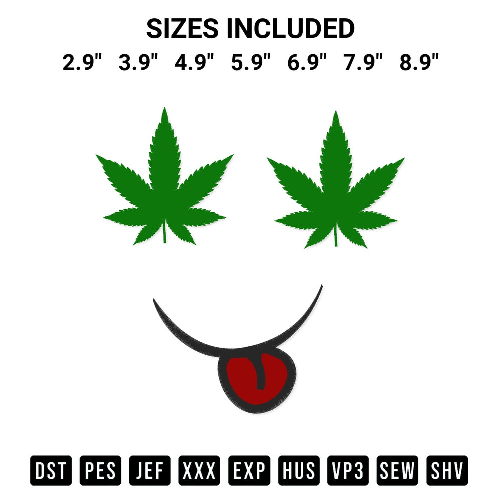 Create amazing crafts with the Marijuana Leaf Smiley Embroidery Design embroidery file. High-quality digital download from Designspacks.com, perfect for beginners and pros. Available sizes: 2.9", 3.9", 4.9", 5.9", 6.9", 7.9", 8.9".