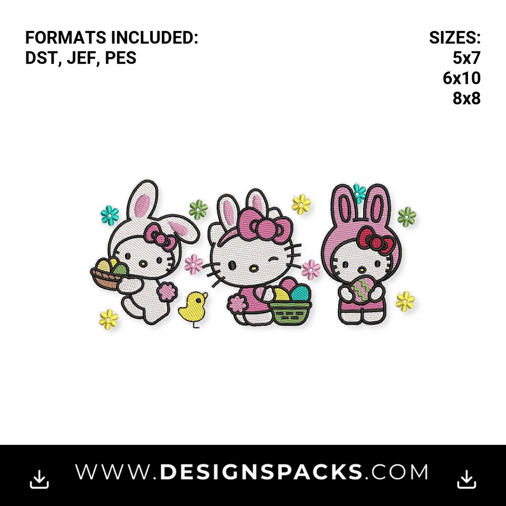 Hello Kitty Easter Bunny Trio Embroidery Design - Instant digital download pattern at Designspacks.com