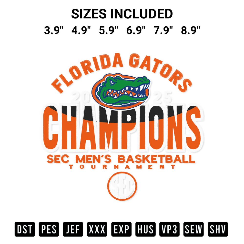 Create amazing crafts with the Florida Gators 2025 Sec Mens Basketball Tournament Champions Embroidery Design embroidery file. High-quality digital download from Designspacks.com, perfect for beginners and pros. Available sizes: 3.9", 4.9", 5.9", 6.9", 7.9", 8.9".