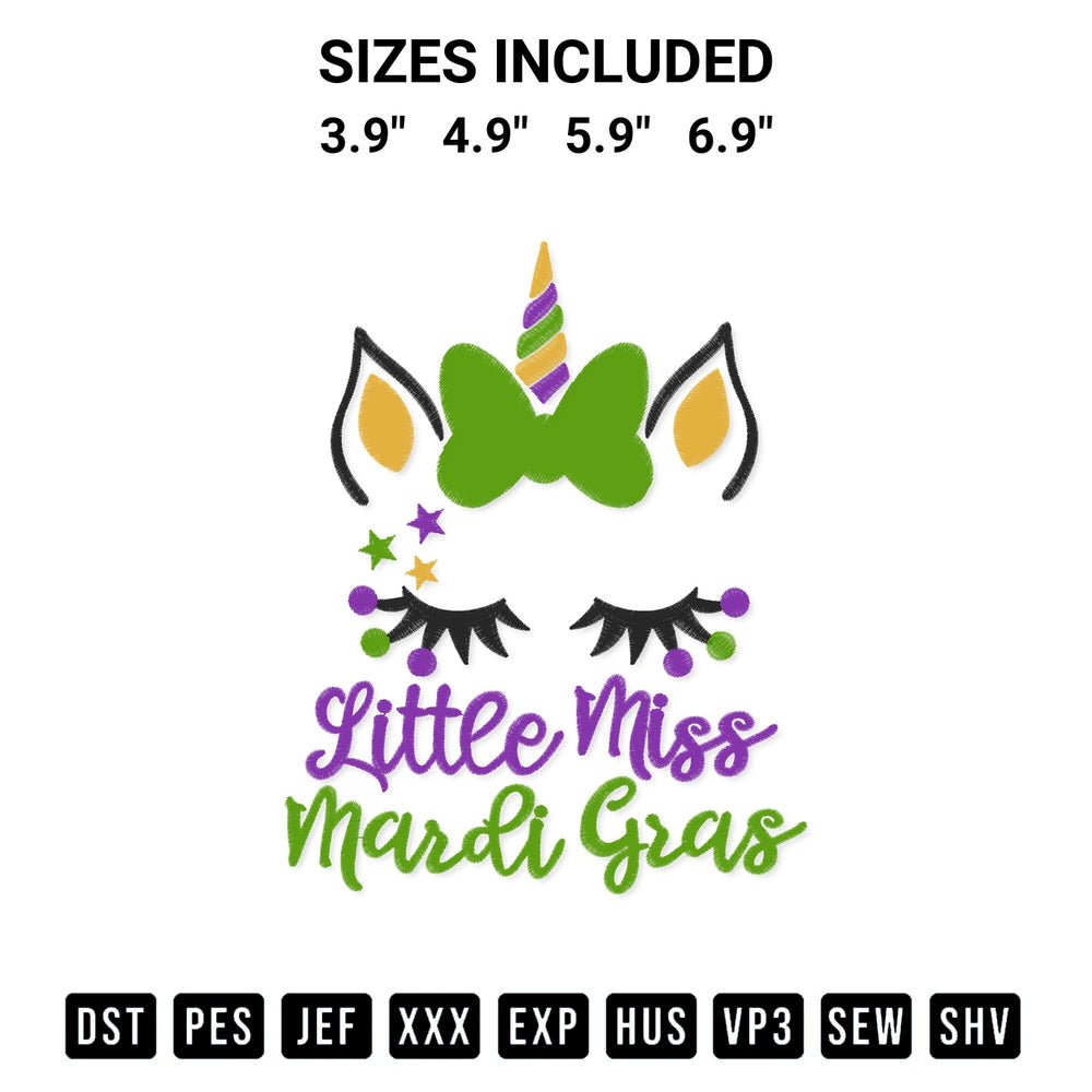 Transform your fabrics with the Little Miss Mardi Gras Unicorn Embroidery Design embroidery design. Instant access to premium digitized patterns at Designspacks.com. Available sizes: 3.9", 4.9", 5.9", 6.9".