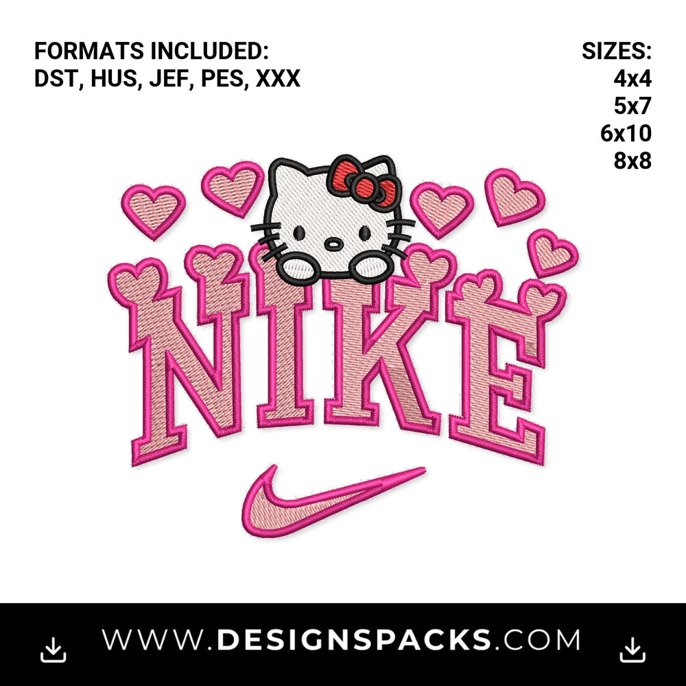 Cute Pink Hello Kitty Nike Hearts Swoosh Embroidery Design - Instant digital download pattern at Designspacks.com