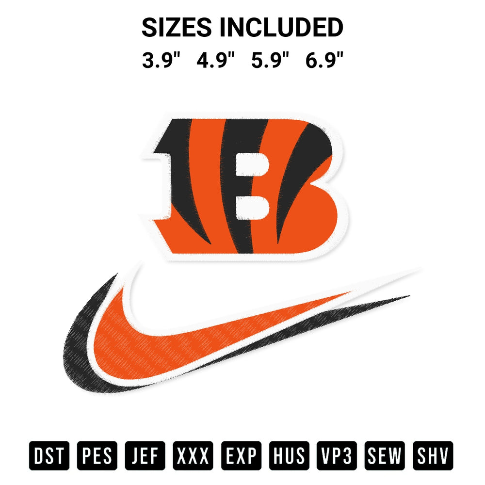 Add a unique touch to your apparel with the Nike Swoosh Cincinnati Bengals Embroidery Design embroidery file. Premium instant download available now on Designspacks.com. Available sizes: 3.9", 4.9", 5.9", 6.9".