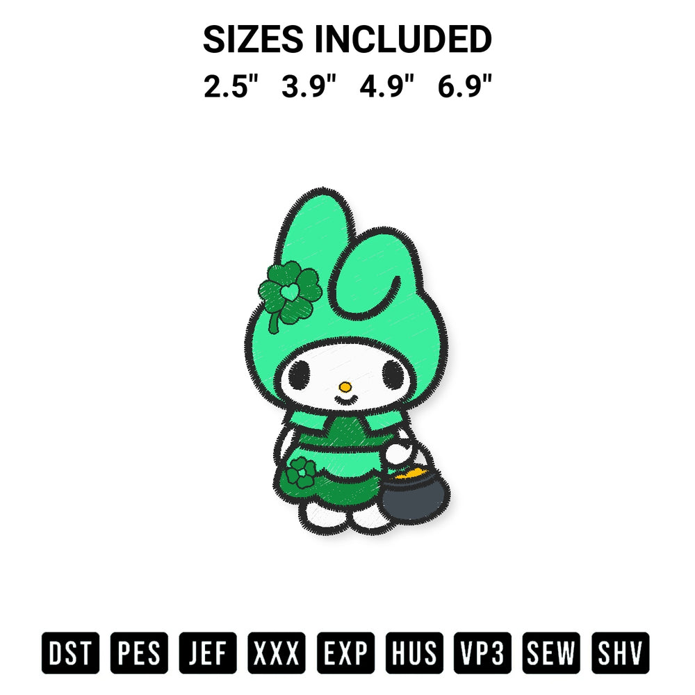 Discover the perfect addition to your crafting collection: My Melody Patricks Day Embroidery Design embroidery file. Instantly available at Designspacks.com. Available sizes: 2.5", 3.9", 4.9", 6.9".