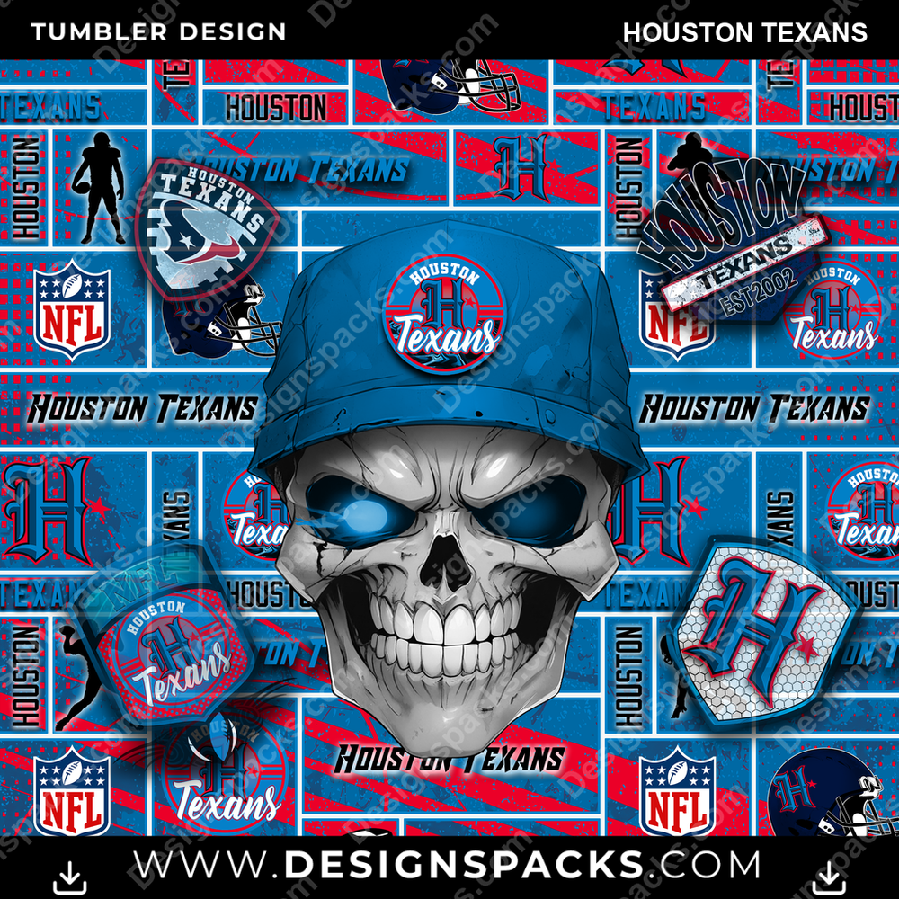 Diseño digital de envoltura para termo de los Houston Texans con calavera de fútbol