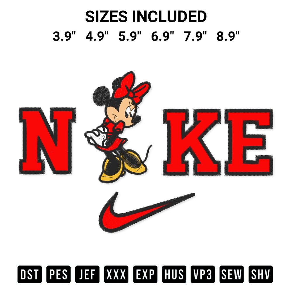 Looking for the perfect pattern? Download the Minnie Mouse Nike Swoosh Embroidery Design embroidery design today at Designspacks.com. Crisp, clean stitching guaranteed. Available sizes: 3.9", 4.9", 5.9", 6.9", 7.9", 8.9".