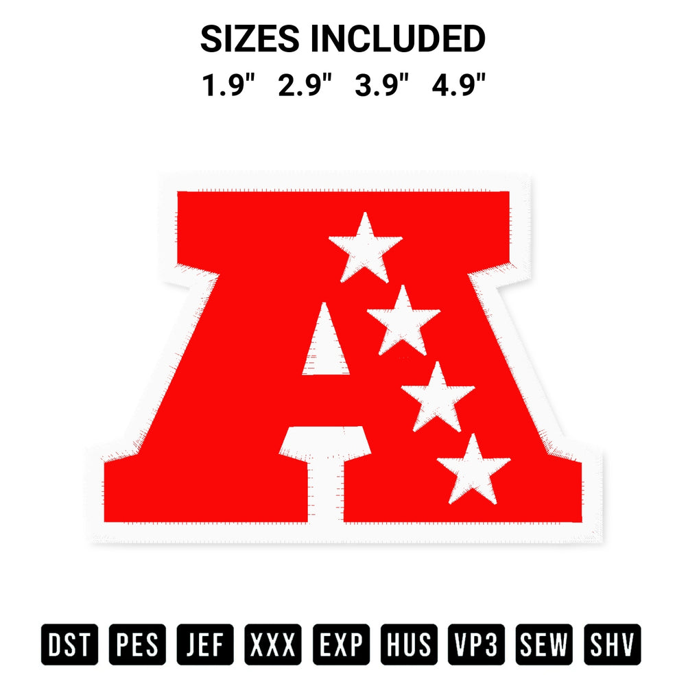 Looking for the perfect pattern? Download the American Football Conference Embroidery Design embroidery design today at Designspacks.com. Crisp, clean stitching guaranteed. Available sizes: 1.9", 2.9", 3.9", 4.9".