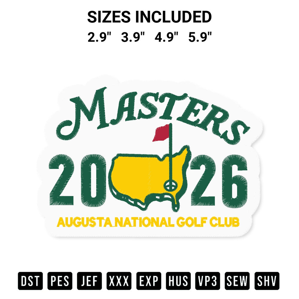 Elevate your next project with our Masters 2026 Augusta Embroidery Design embroidery file. Shop high-quality digital patterns instantly at Designspacks.com. Available sizes: 2.9", 3.9", 4.9", 5.9".