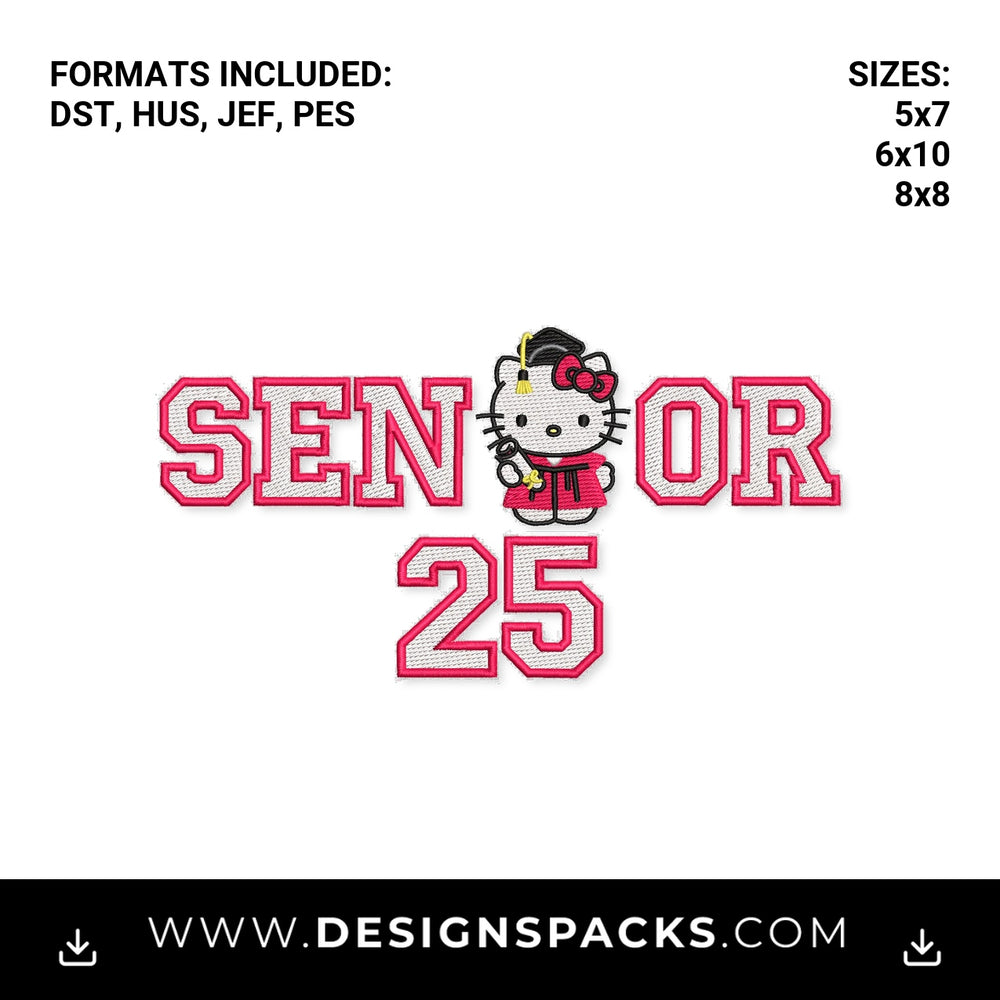 Pink Senior 25 Graduation Kitty Embroidery Design - Instant digital download pattern at Designspacks.com