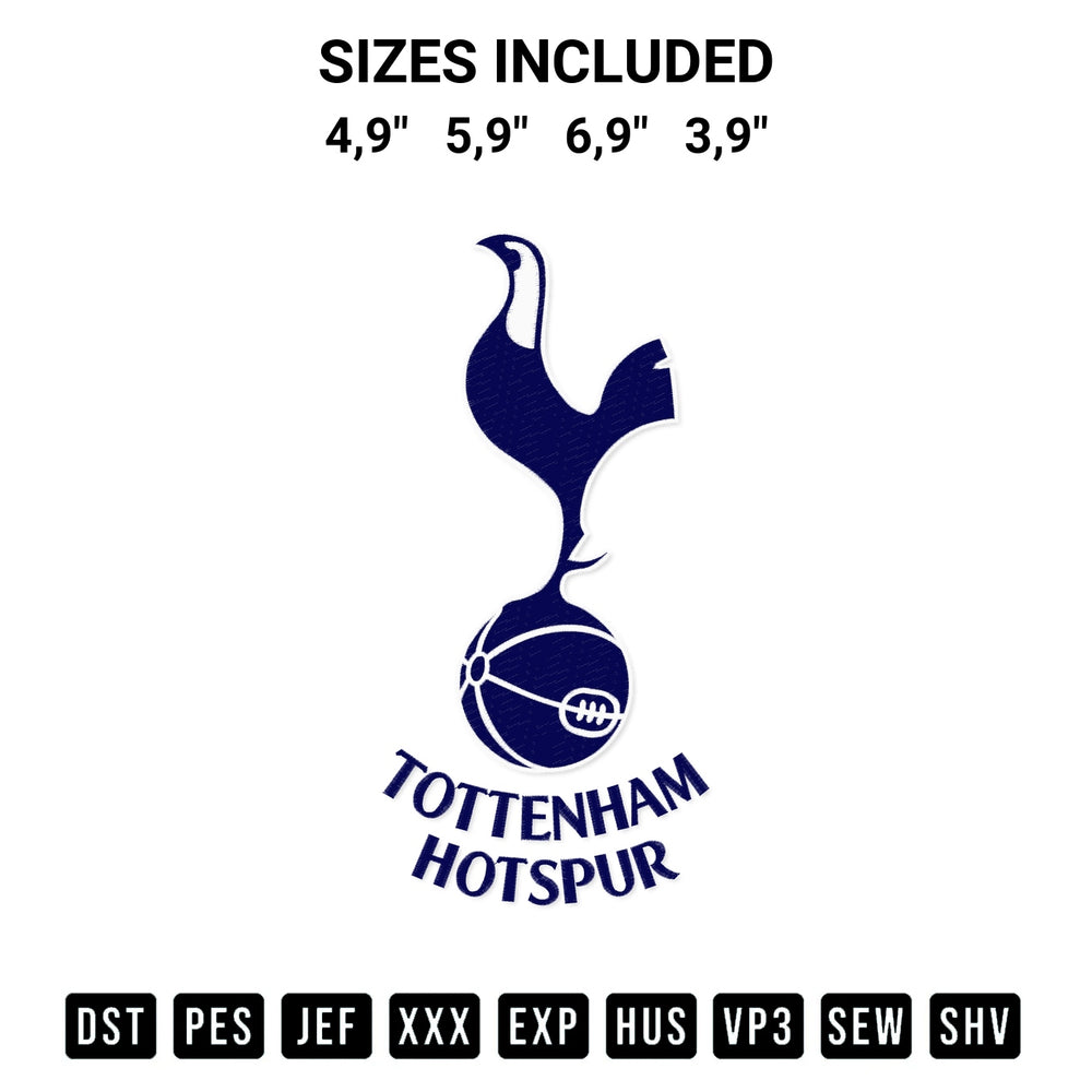 Get the Tottenham Logo Embroidery Design embroidery design for your custom crafts! Premium digitized files available for instant download at Designspacks.com. Available sizes: 4,9", 5,9", 6,9", 3,9".