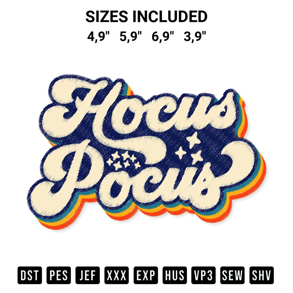 Get the Hocus Pocus Retro Vintage Sunset Halloween Retro Logo Embroidery Design embroidery design for your custom crafts! Premium digitized files available for instant download at Designspacks.com. Available sizes: 4,9", 5,9", 6,9", 3,9".