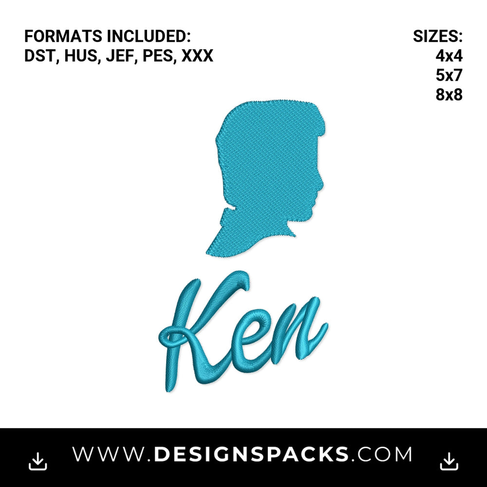 Ken Doll Silhouette with Name Embroidery Design - Instant digital download pattern at Designspacks.com