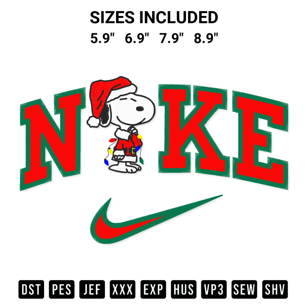 Download the Snoopy Santa Lights X Nike Embroidery Design machine embroidery design exclusively at Designspacks.com. Premium digitized pattern for apparel and DIY crafts. Available sizes: 5.9", 6.9", 7.9", 8.9".