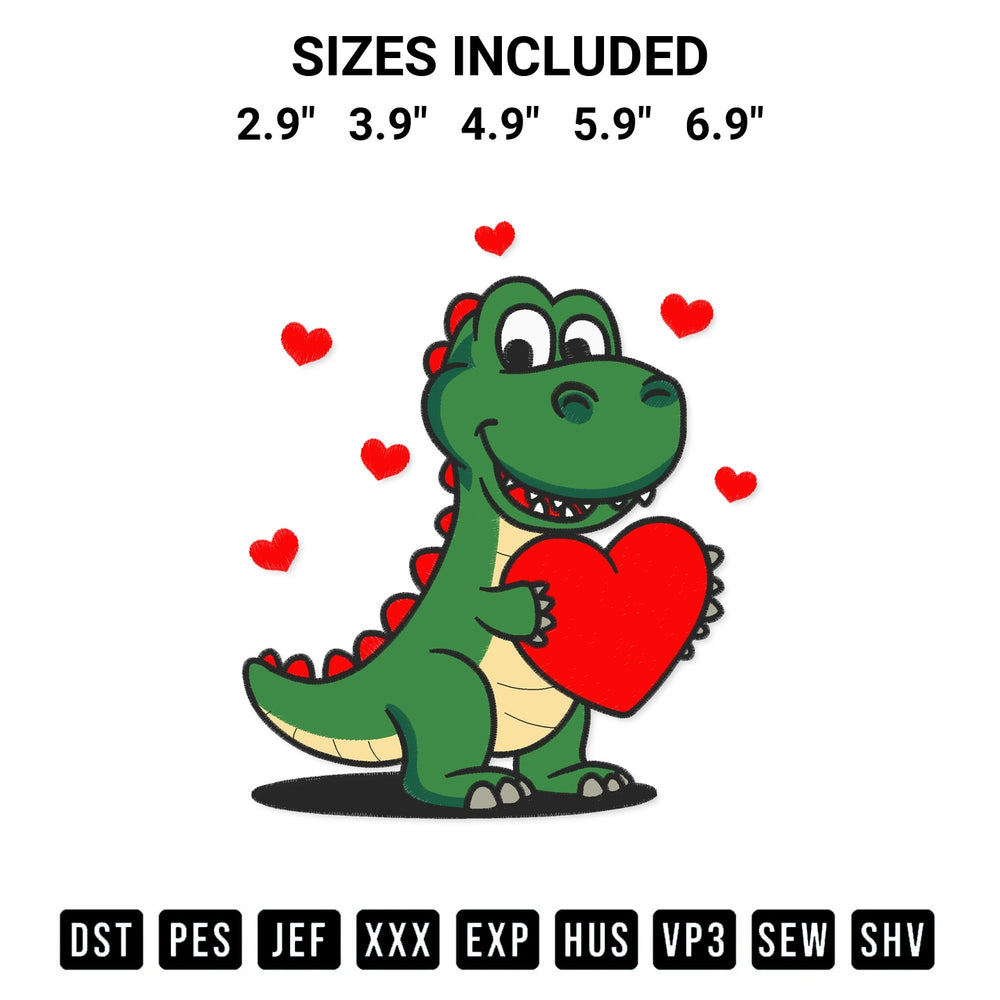 Create amazing crafts with the Dinosaur Holding Heart Embroidery Design embroidery file. High-quality digital download from Designspacks.com, perfect for beginners and pros. Available sizes: 2.9", 3.9", 4.9", 5.9", 6.9".