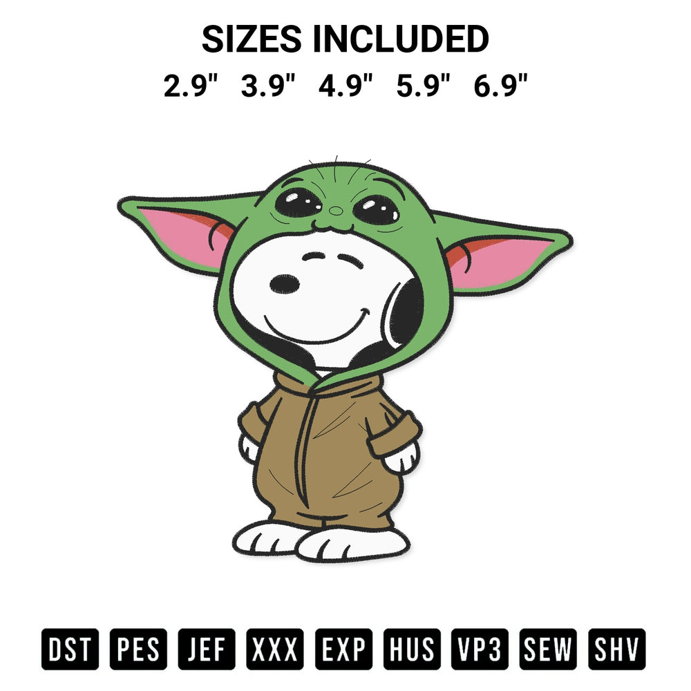 Discover the perfect addition to your crafting collection: Snoopy As Baby Yoda Embroidery Design embroidery file. Instantly available at Designspacks.com. Available sizes: 2.9", 3.9", 4.9", 5.9", 6.9".