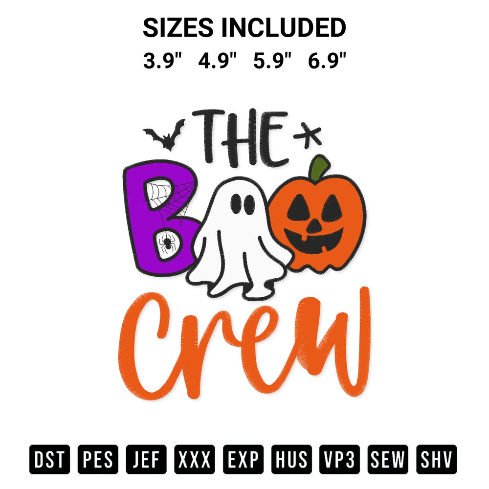 Stitch like a pro with the The Boo Crew Halloween Embroidery Design embroidery pattern from Designspacks.com. High-quality digital machine embroidery file. Available sizes: 3.9", 4.9", 5.9", 6.9".