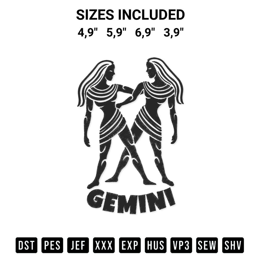 Elevate your next project with our Gemini The Twins Horoscope Astrology Gemini Zodiac Birthday Logo Embroidery Design embroidery file. Shop high-quality digital patterns instantly at Designspacks.com. Available sizes: 4,9", 5,9", 6,9", 3,9".