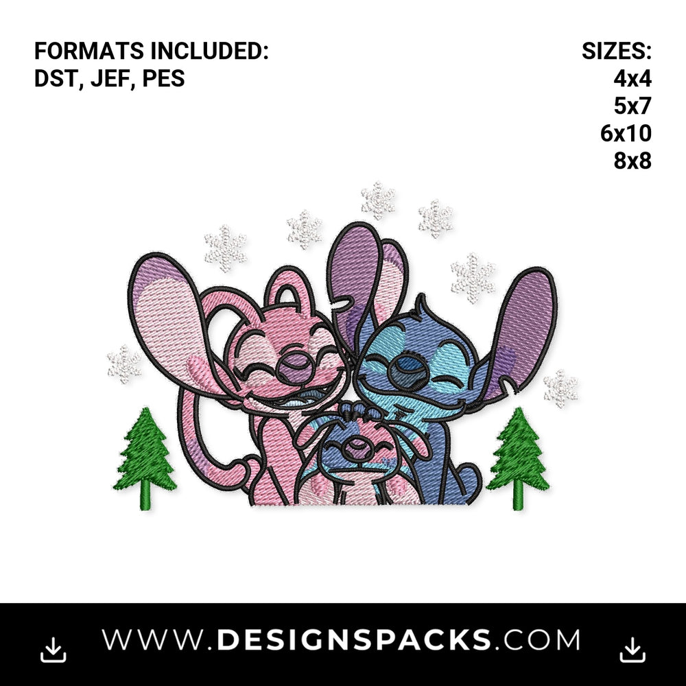 Stitch & Angel Family Winter Snowflakes Embroidery Design - Instant digital download pattern at Designspacks.com