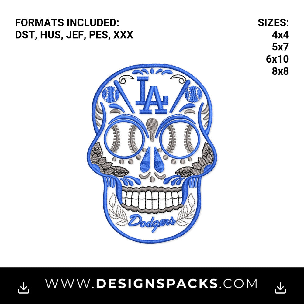 LA Dodgers Baseball Sugar Skull Embroidery Design - Instant digital download pattern at Designspacks.com