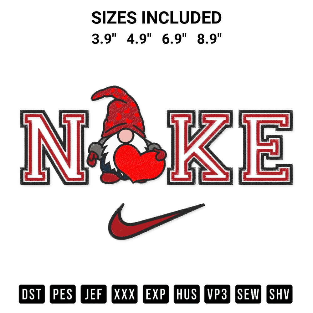 Stitch like a pro with the Nike Gnome Valentine Embroidery Design embroidery pattern from Designspacks.com. High-quality digital machine embroidery file. Available sizes: 3.9", 4.9", 6.9", 8.9".